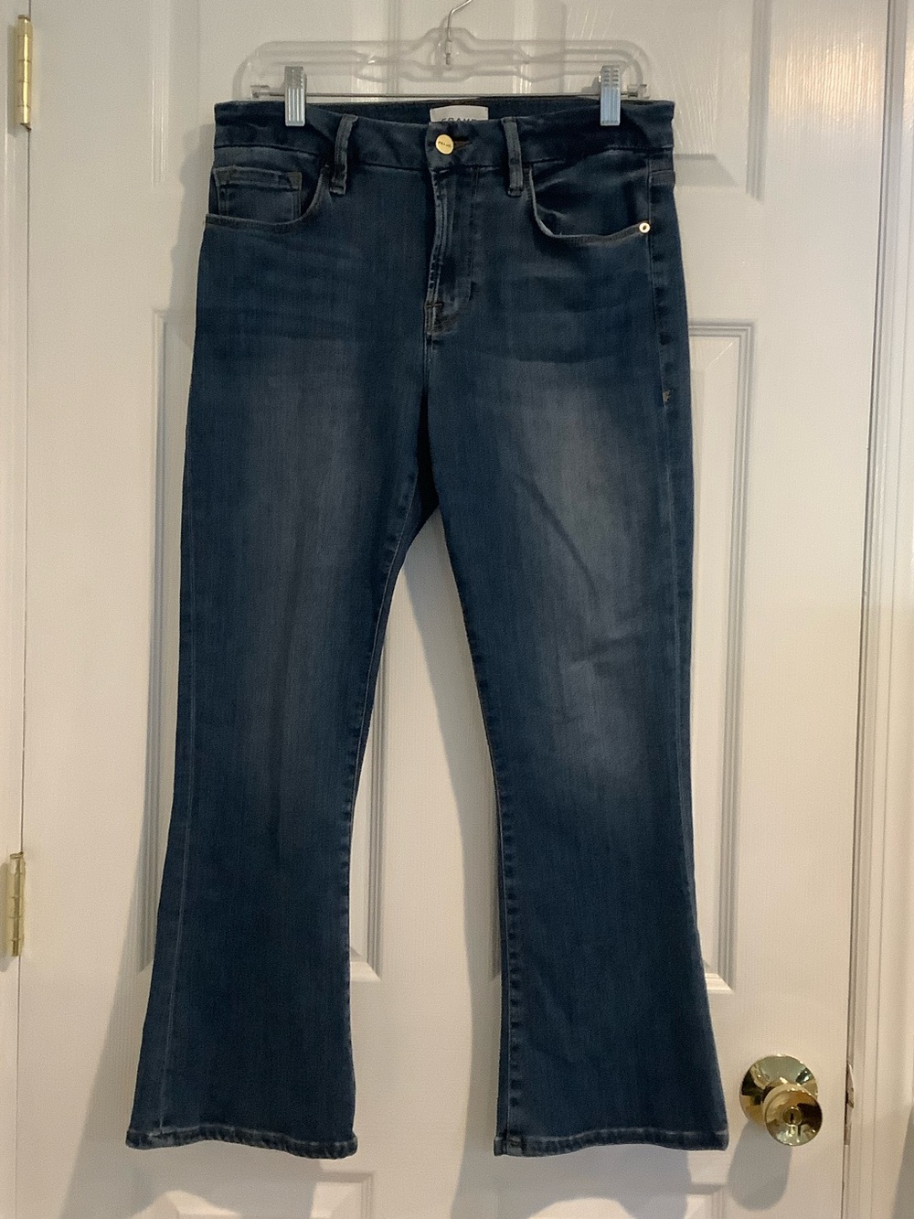 FRAME Le Crop Mini Boot Medium Wash Mid Rise Cropped Boot Cut Stretchy Jeans 29